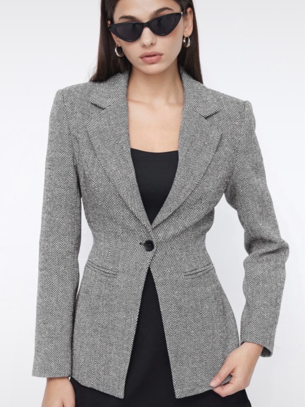 Cider Grey Herringbone Single-Button Tailored Blazer